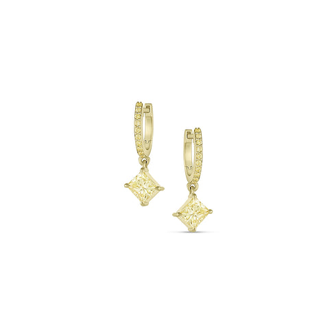 beautiful  fancy lemon yellow diamond earrings, princess cut,<br>hung on the bias from yellow diamond lined huggie hoops <span class='visuallyhidden'>Call or text 323-404-2959 if you need shopping assistance.</span>